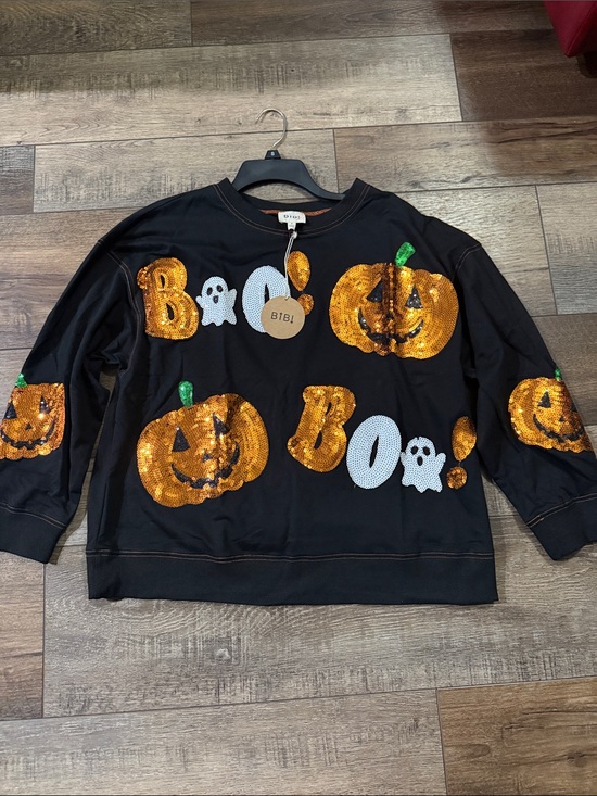 BiBi Tops - BiBi Black & Orange Sequin Pumpkin 'BOO' Halloween Sweatshirt